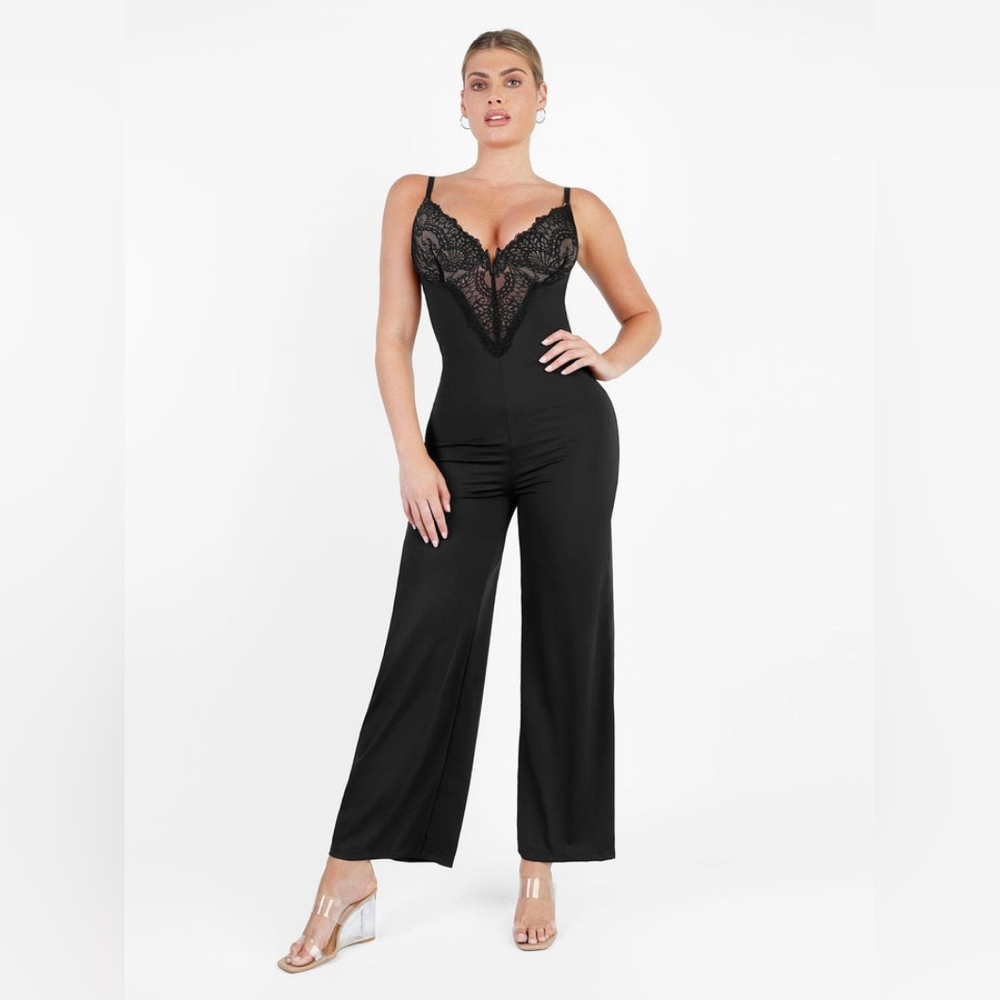 Popilush Lace Deep V-Neck Wide-Leg Shapewear Slip Jumpsuit